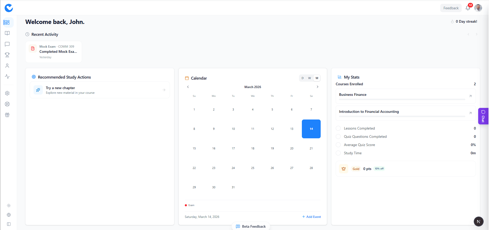Student dashboard showing course progress and upcoming lessons